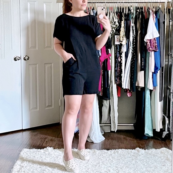 Eileen Fisher Pants - Eileen Fisher Black Organic Cotton Romper Short Sleeve Oversized Loose Pockets